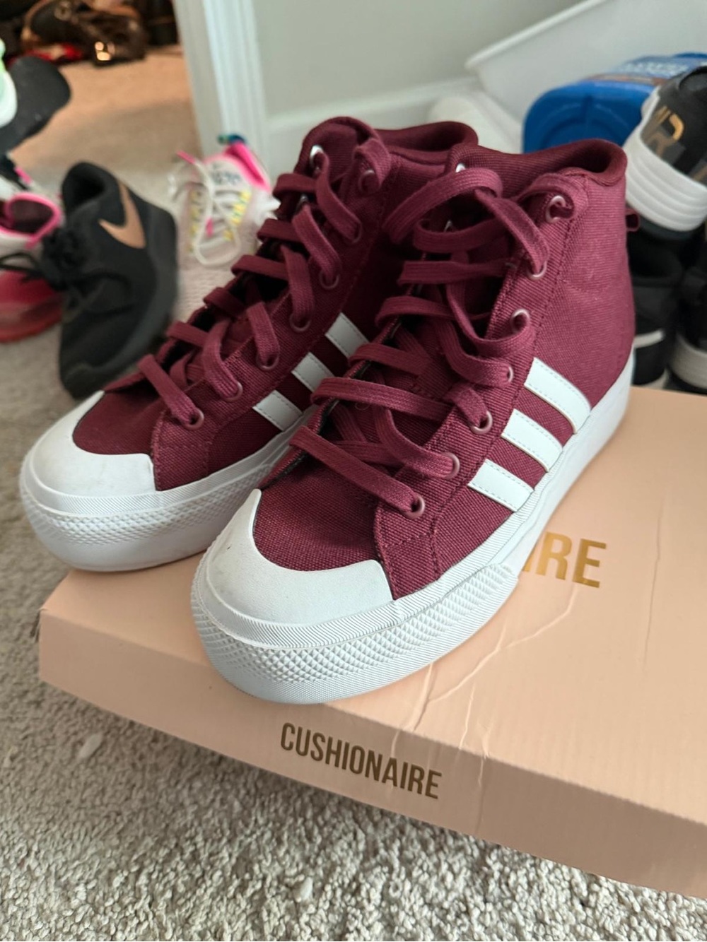 adidas Women's Maroon and White High-Top Sneakers